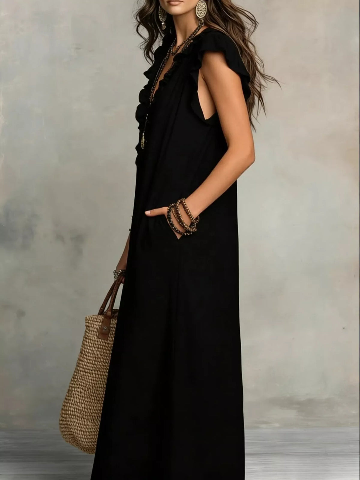 Plus size full length ruffled V-neck cap sleeve maxi dress by Plush Fashion Hub, showcasing flowing fabric and elegant design.