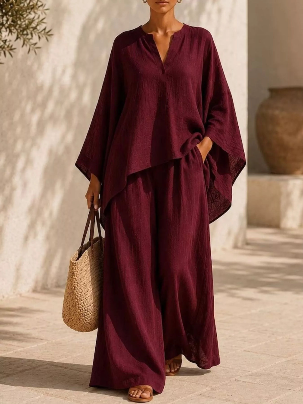Plus size plush fashion hub loungewear set with full notched long sleeve top and wide-leg pants, comfortable and stylish for home wear