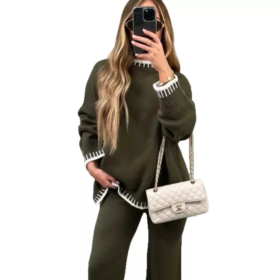 Simply Love contrast trim round neck sweater and pants set, soft knit fabric, stylish casual wear for women.