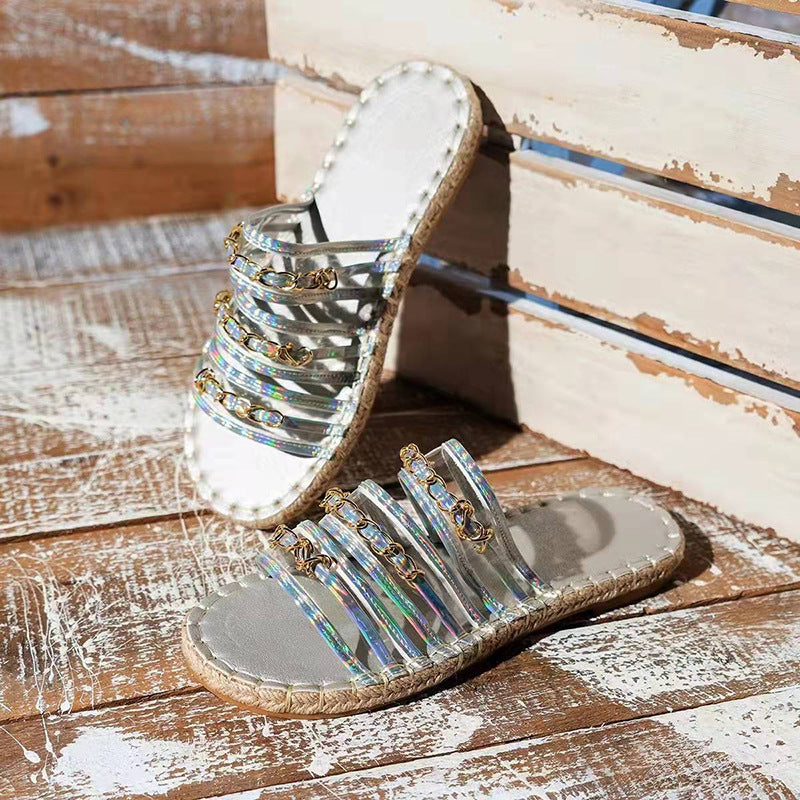 Large size women's straw sandals with thick hemp rope bottom, rhinestone accents, and stylish design by LadyShow.