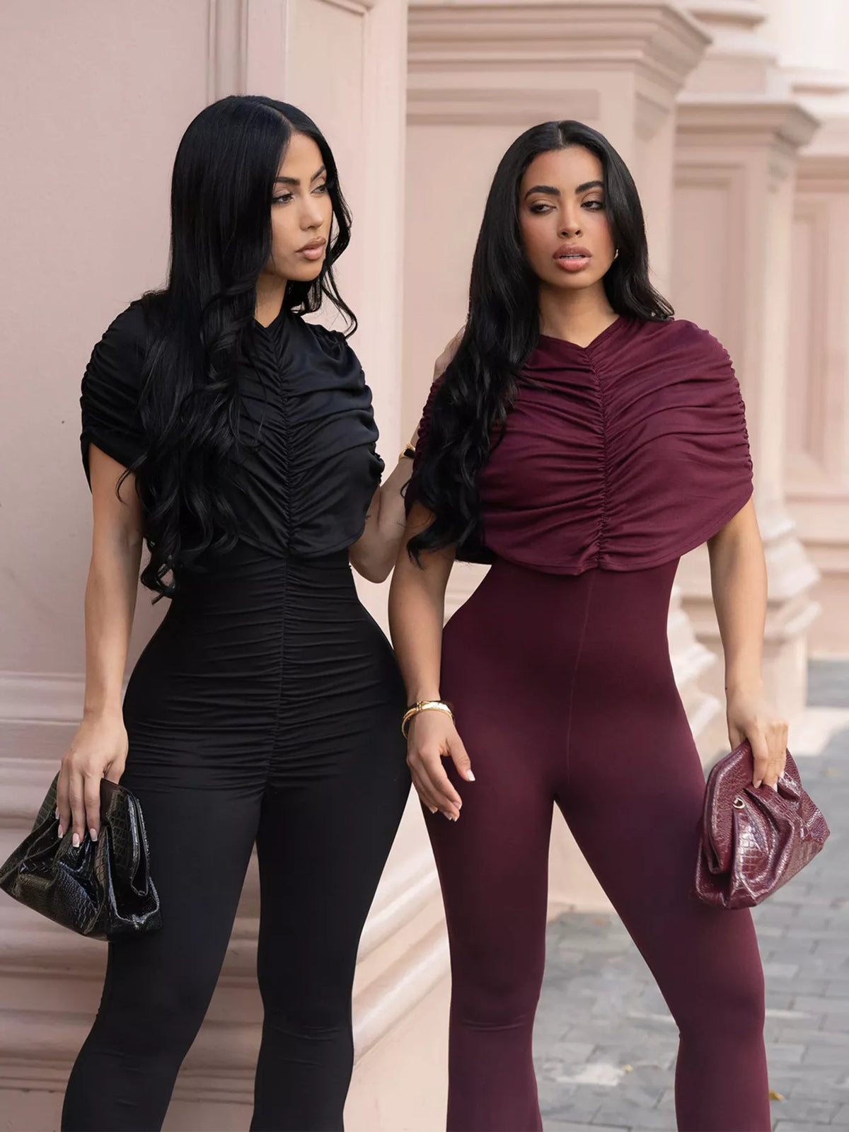 Plush Fashion Hub ruched flare leg jumpsuit with fitted bodice and wide-leg design, stylish and comfortable for casual or formal wear.