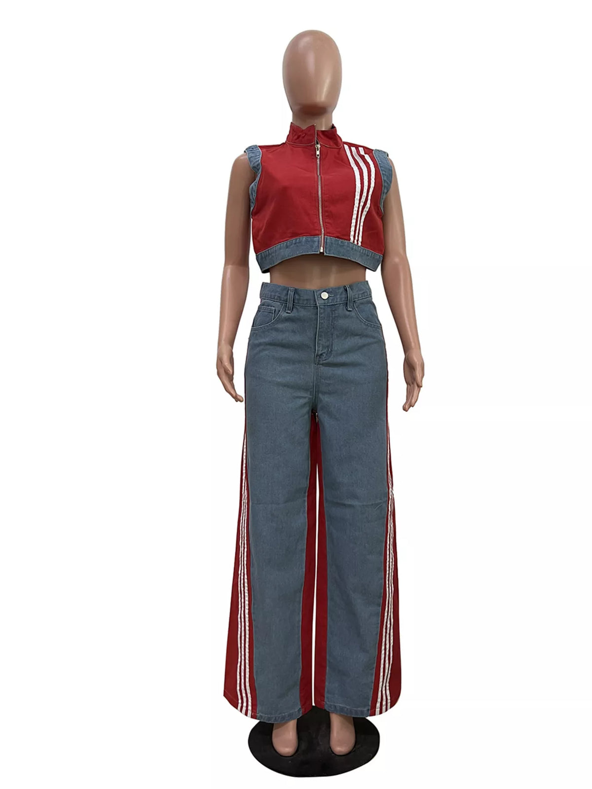 Zip front crop top and striped pants set by Plush Fashion Hub, stylish two-piece outfit with a modern crop top and matching striped pants.