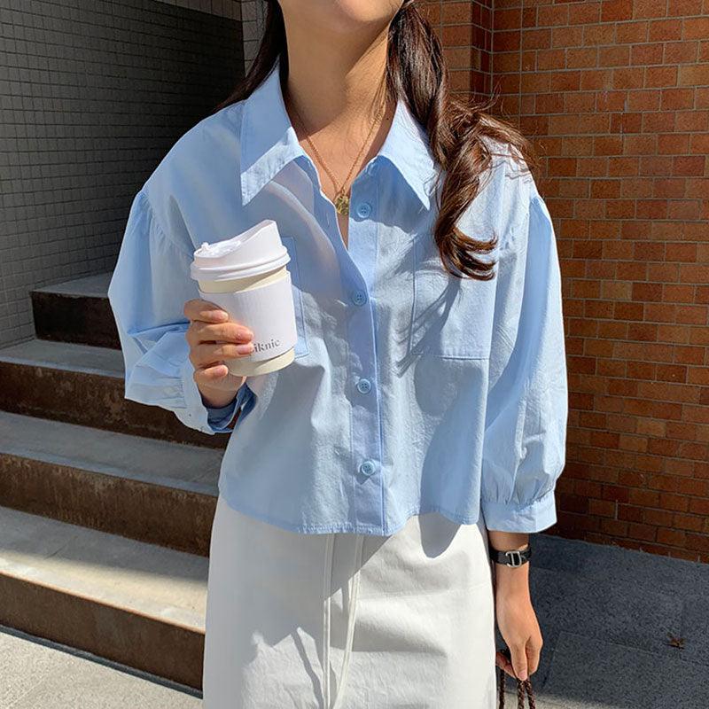 Chic Sky Blue Lapel Casual Shirt Top Plush Fashion Hub