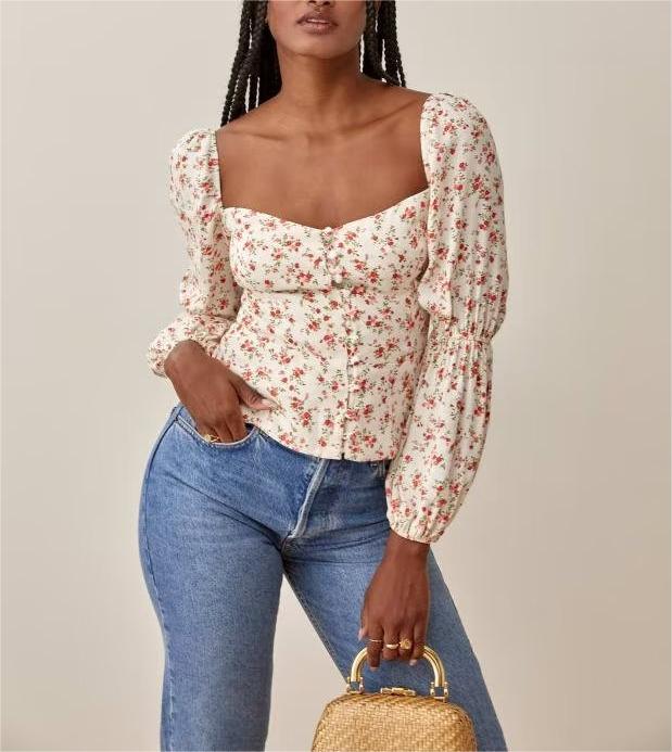 Spring Summer Women Clothing Retro Printed Fastener Decoration Long Sleeve Shirt Bella Mia