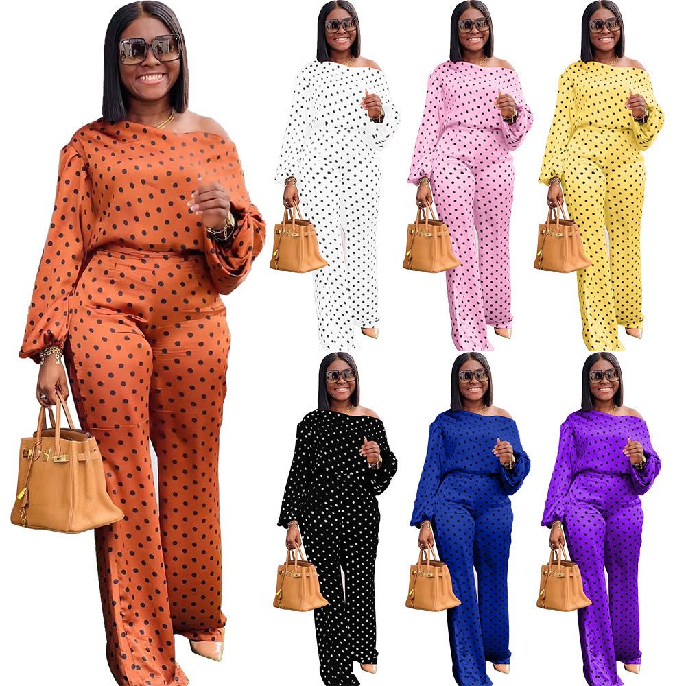 Polka Dot Printed Long-sleeved Trousers Casual Fashion Loose Shoulder Effortlessly elevate your wardrobe with our Polka Dot Printed Long-sleeved Trousers. Made from lightweight, comfy polyester, these trousers feature lantern sleeves f2 piece Pants setPlush Fashions ShopPlush Fashion Shop