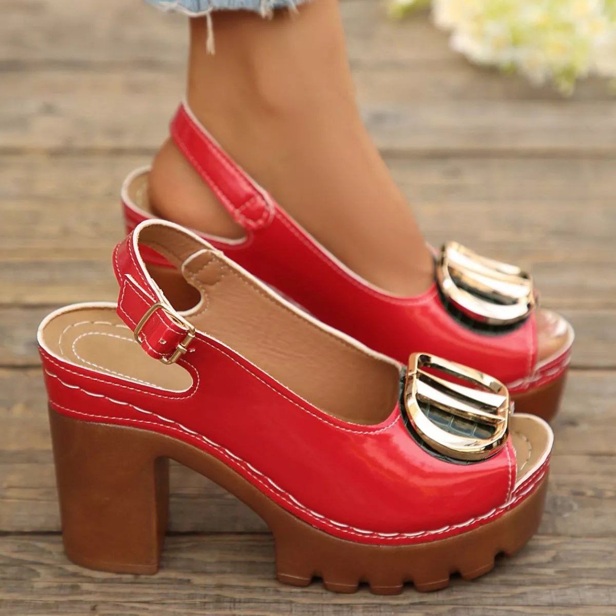 Plush Fashion Hub plush peep toe block heel sandals in neutral color, showcasing stylish open-toe design and chunky heel.