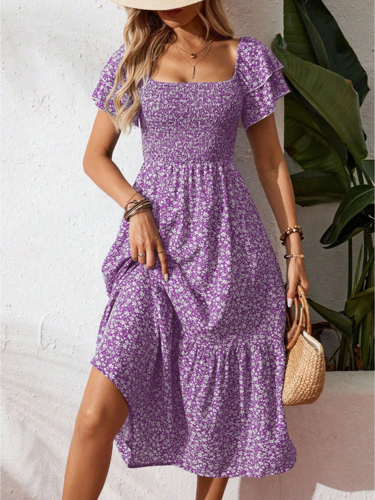 Floral print smocked ruffle sleeve midi dress by Plush Fashion Hub, lightweight summer dress with feminine floral details.