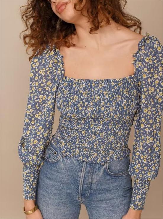 Summer Women French Vintage Floral Printed Square Collar Pleated Elastic Slim Fit Bishop Sleeves Top Bella Mia