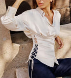Autumn women’s long sleeve satin shirt with lace-up detail, slim fit, stylish Bella Mia top perfect for fall fashion.