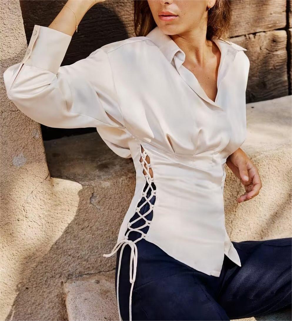 Autumn women’s slim fit satin shirt with long sleeves and lace-up front, stylish and elegant from Plush Fashion Hub.