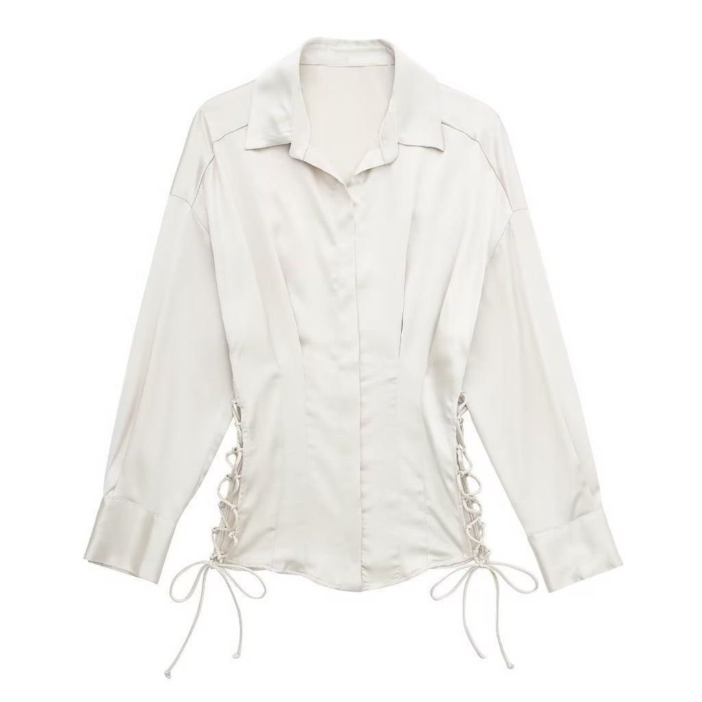 Bella Mia women's satin long sleeve shirt with lace-up detail, slim fit, ideal for autumn fashion.