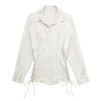 Bella Mia women's satin long sleeve shirt with lace-up detail, slim fit, ideal for autumn fashion.