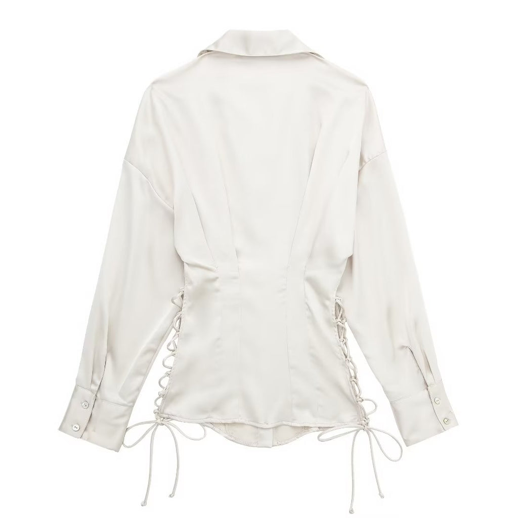 Elegant satin long sleeve shirt for women by Bella Mia featuring lace-up front and slim fit, perfect for autumn fashion.