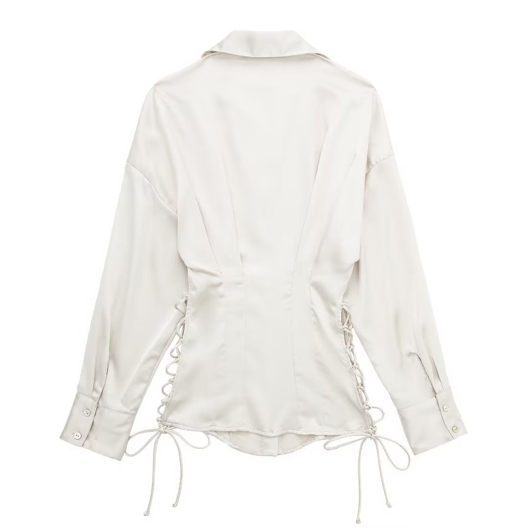 Elegant satin long sleeve shirt for women by Bella Mia featuring lace-up front and slim fit, perfect for autumn fashion.