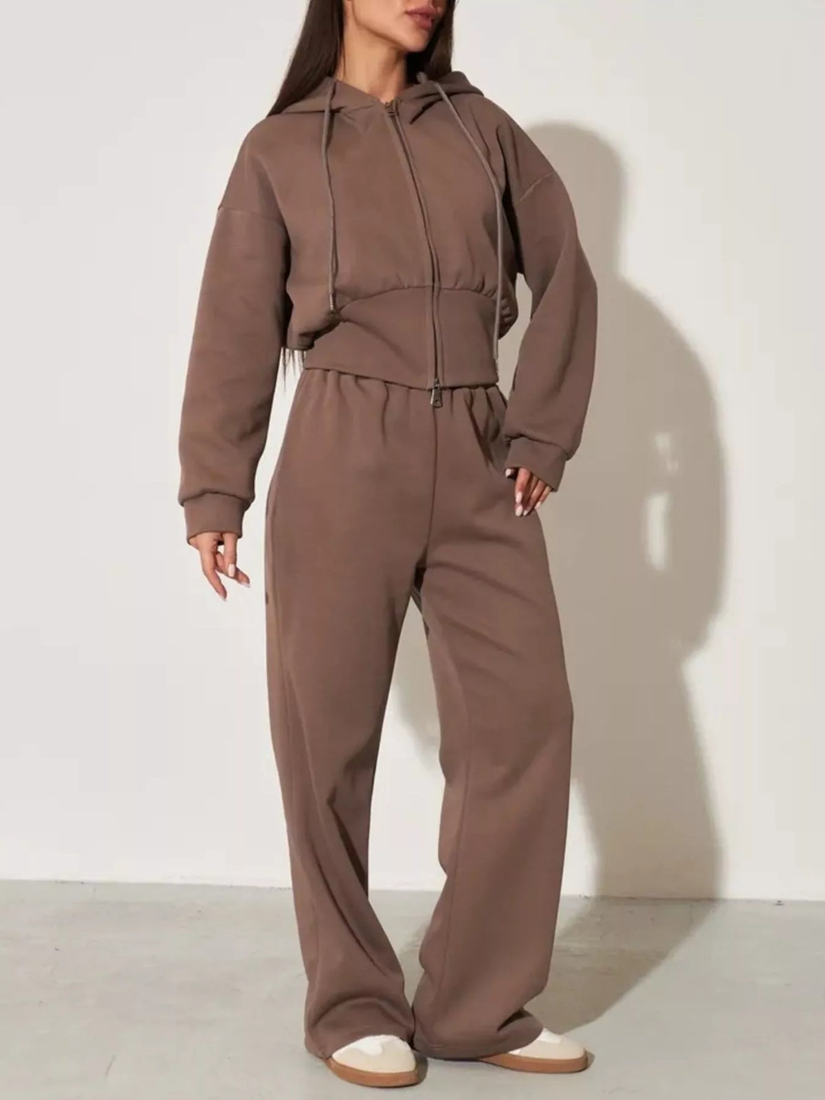 Plush Fashion Hub zip-up hoodie and wide-leg pants loungewear set, soft and comfortable casual outfit for relaxed wear.