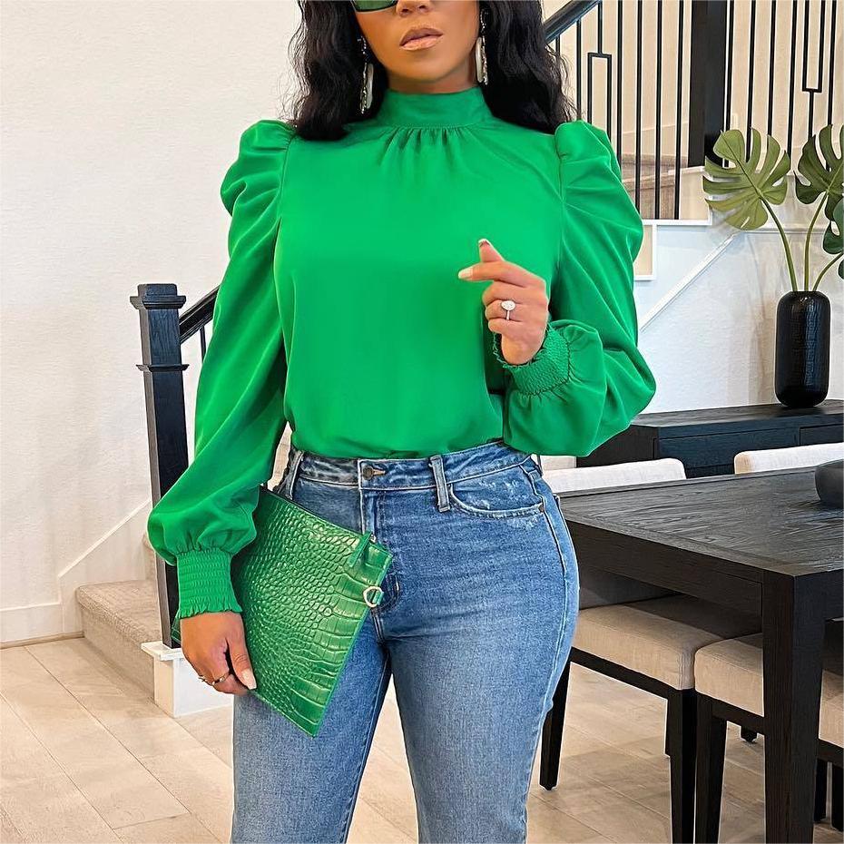 Bella Mia women's long sleeve lace-up top with stand-up collar, puff sleeves, and solid color design for all seasons.