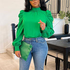 Bella Mia women's long sleeve lace-up top with stand-up collar, puff sleeves, and solid color design for all seasons.