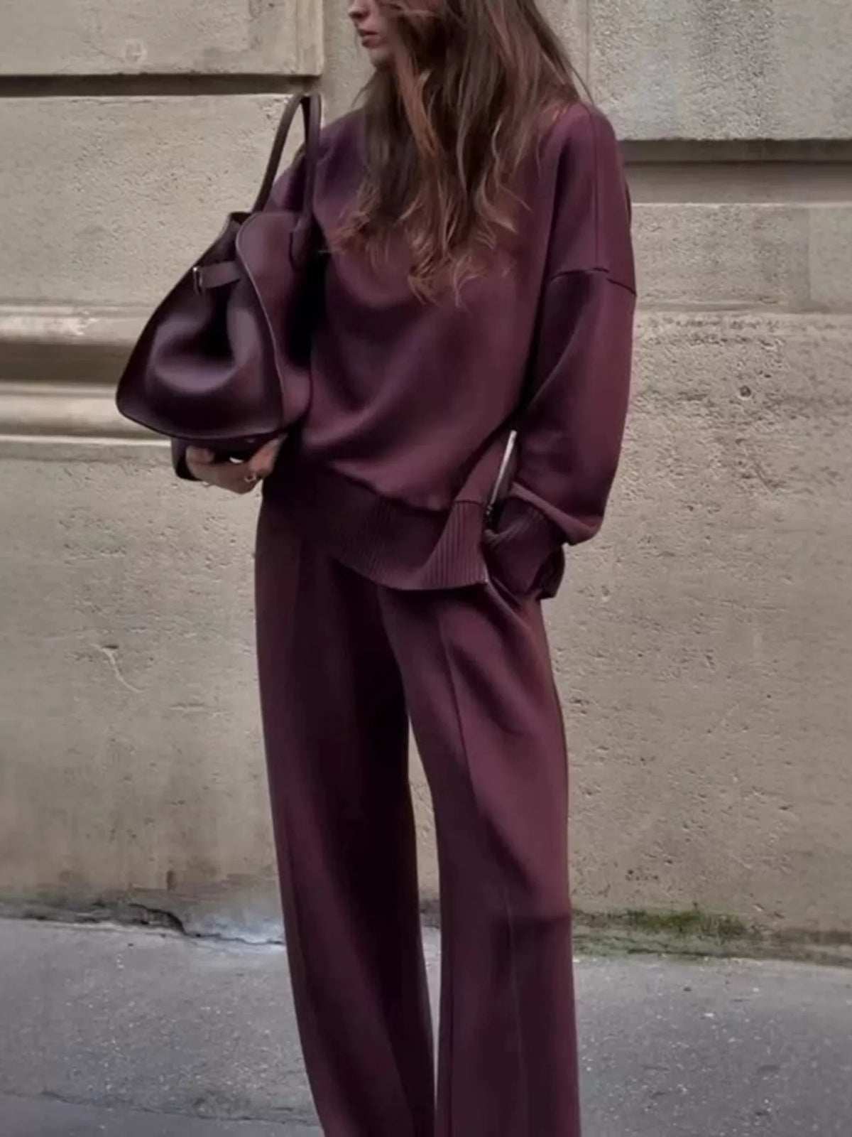 Trendsi turtleneck dropped shoulder top and matching pants set in soft fabric, shown on a model with a neutral background.