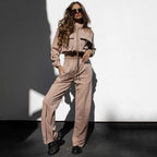 Bella Mia women's autumn winter long sleeve top and casual trousers suit with solid color, zipper double bag, and drawstring details.