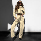 Bella Mia autumn winter solid color zipper double bag drawstring long sleeve top and casual trousers suit for women.