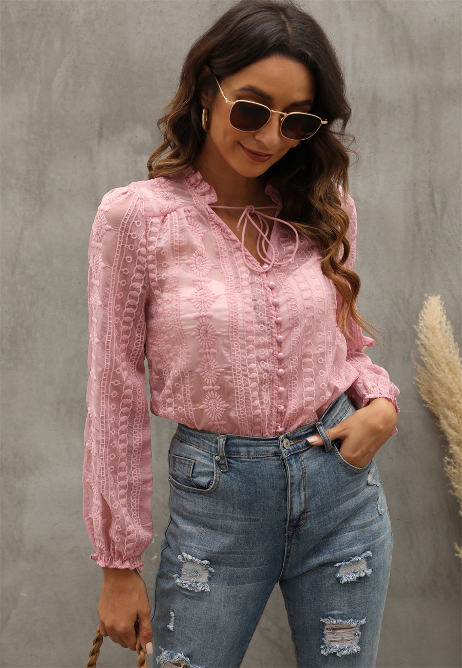 Bella Mia women's long sleeve V-neck shirt featuring embroidery flowers and wood earrings, stylish and elegant top.