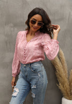 Bella Mia women's long sleeve V-neck shirt featuring embroidery floral design and wood earrings, stylish and elegant top.