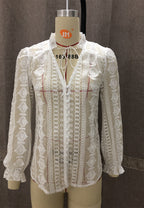 Bella Mia women's long sleeve V-neck top with floral embroidery and wood ear decorations, stylish and comfortable for casual wear.