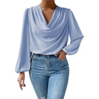Bella Mia long sleeve loose draped V-neck top for women, stylish and comfortable casual T-shirt with relaxed fit.