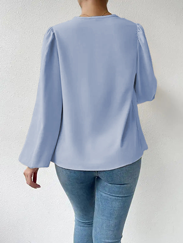 Bella Mia long sleeve loose draped V-neck top for women, stylish and comfortable casual shirt.
