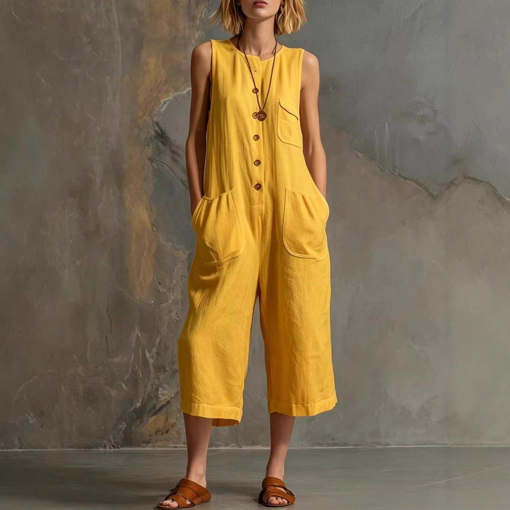 Women's retro sleeveless wide-leg cropped jumpsuit by FitiqueFit, featuring a casual sleeveless design and relaxed fit.