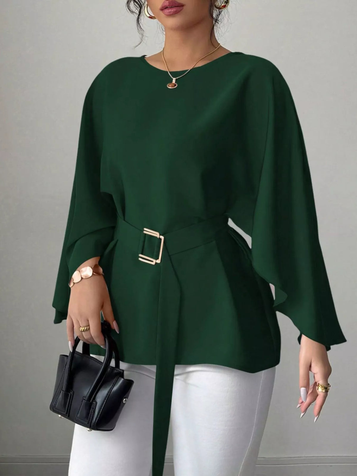 Plush Fashion Hub batwing sleeve belted blouse with flowy design and tie waist, stylish top for casual or dressy occasions