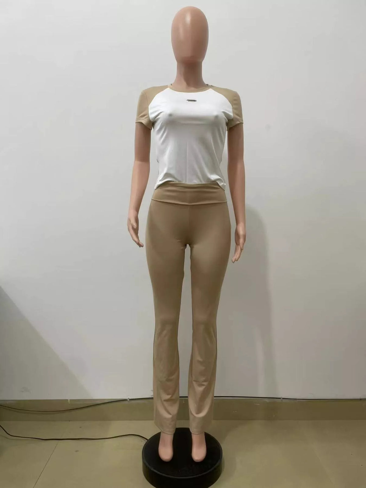 Plush Fashion Hub contrast short sleeve tee and pants loungewear set, soft fabric, casual fit, ideal for relaxing or lounging at home.