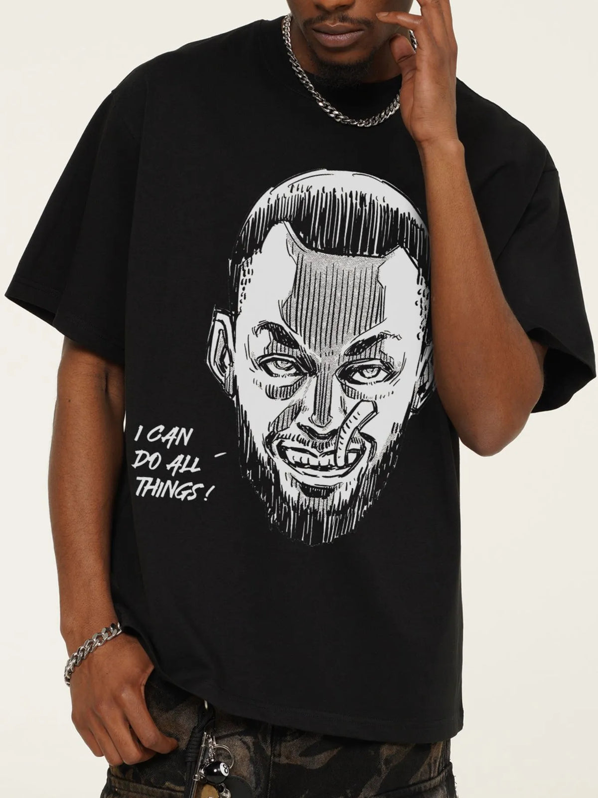 Men's graphic round neck short sleeve T-shirt from Trendsi, featuring a stylish design on soft fabric.