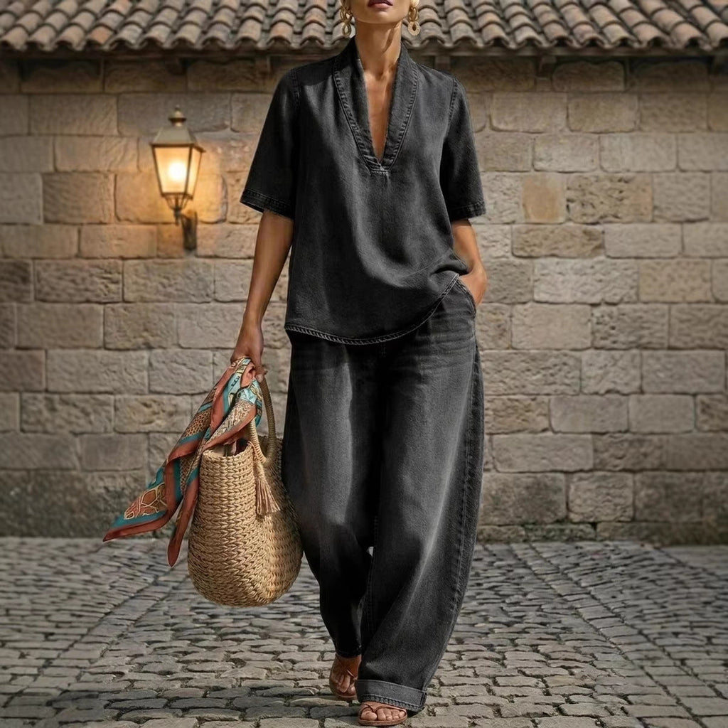 FitiqueFit retro V-neck washed denim top and wide-leg pants set in three colors, casualwear for sizes S–3XL.