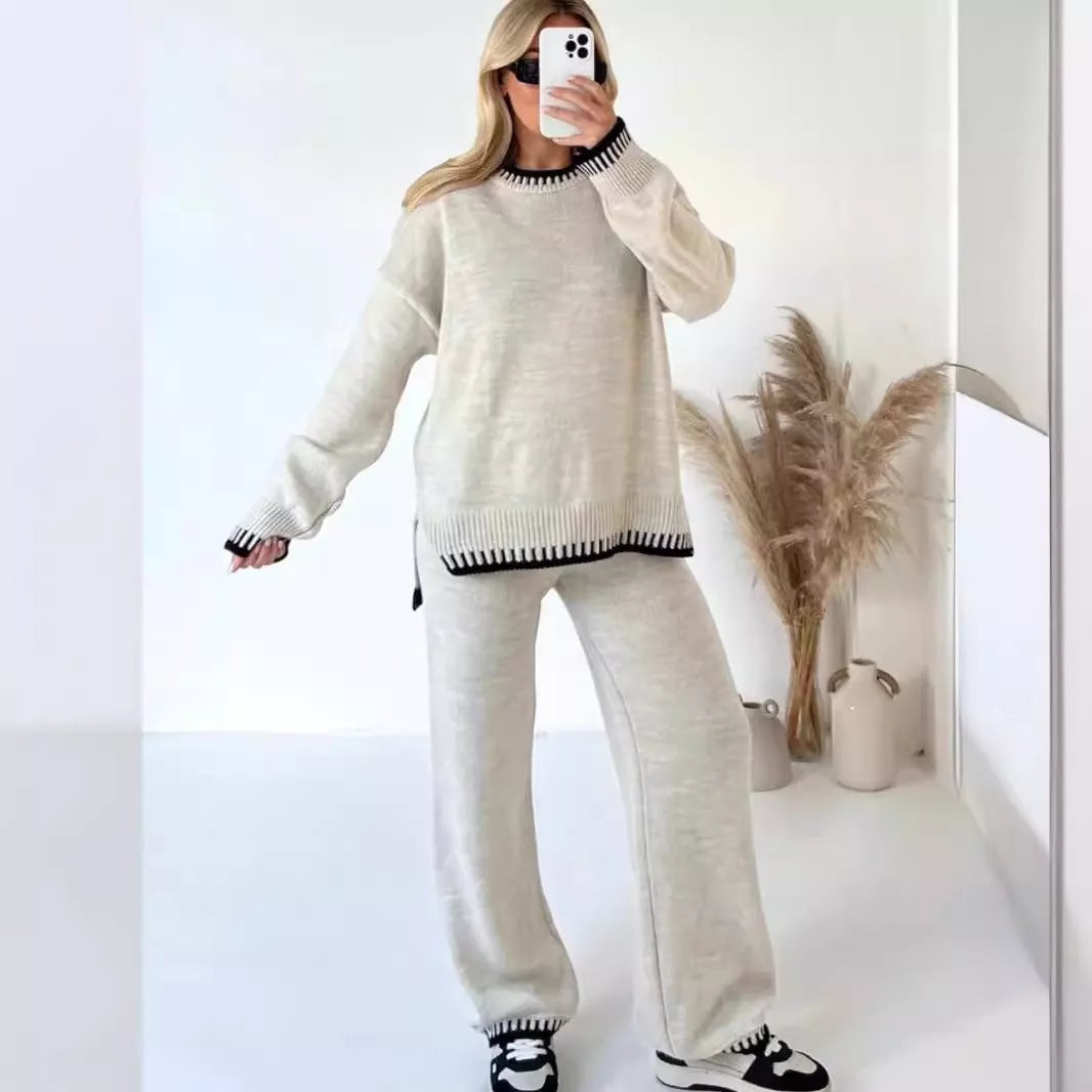 Simply Love contrast trim round neck top and pants sweater set, cozy knit with stylish detailing, perfect for casual wear.