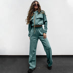 Bella Mia women's autumn winter long sleeve top and trousers suit with solid color zipper double bag drawstring design.