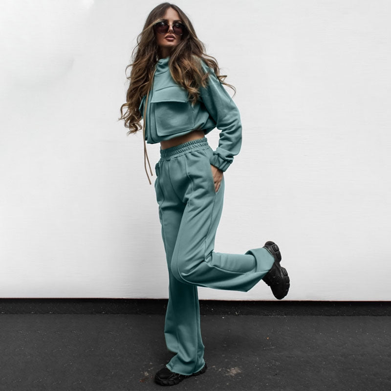 Bella Mia women's autumn winter long sleeve top and casual trousers suit with solid color zipper double bag and drawstring details.