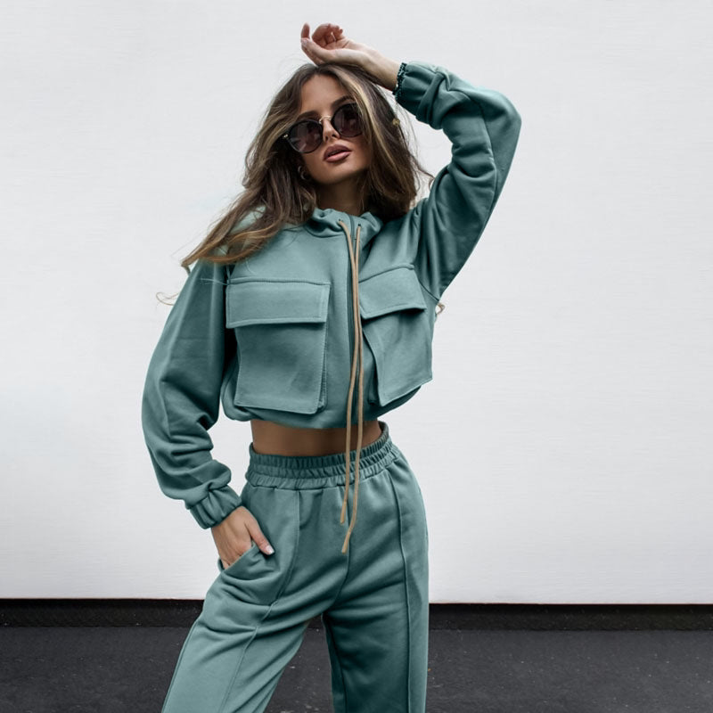 Bella Mia women's autumn winter solid color zipper double bag drawstring long sleeve top and casual trousers suit, rings included.