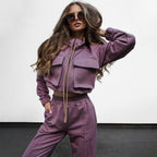 Bella Mia women's autumn winter casual trousers and long sleeve top with solid color zipper double bag and drawstring details.