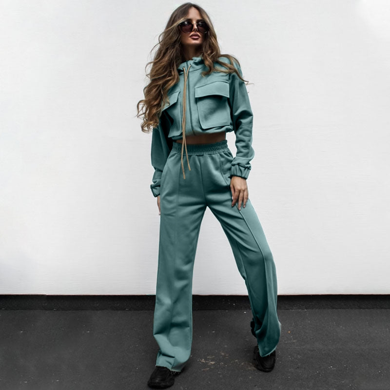 Autumn Winter Solid Color Zipper Double Bag Drawstring Long Sleeve Top Casual Trousers Suit Women Bella Mia