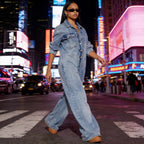 Women's Long Sleeve Button-Front Denim Jumpsuit