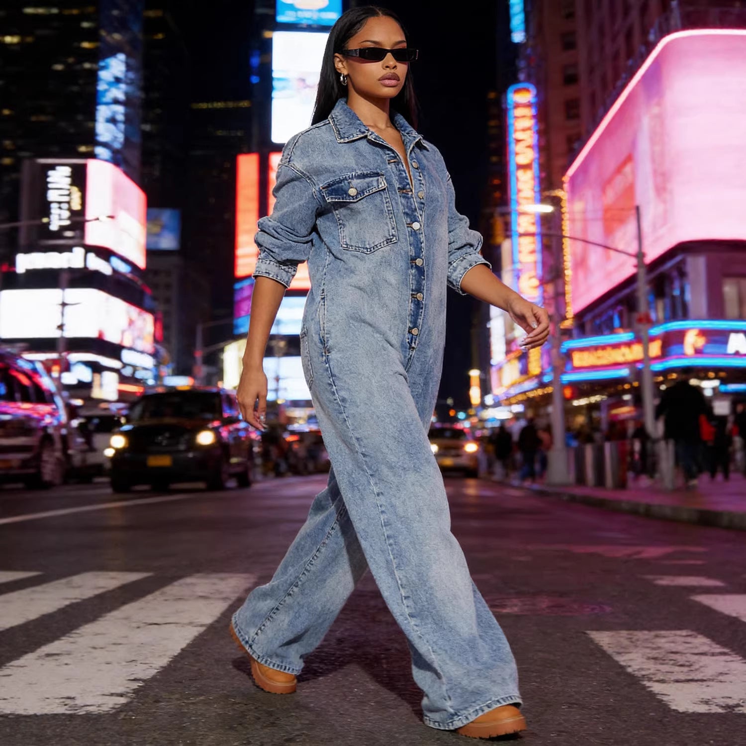 Women's Long Sleeve Button-Front Denim Jumpsuit