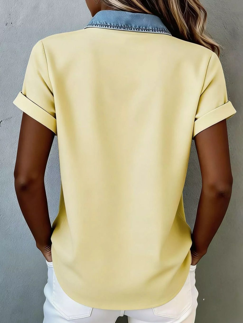 Denim trim short sleeve shirt from Trendsi, casual tops with denim accents, shown on a model in a relaxed fit.