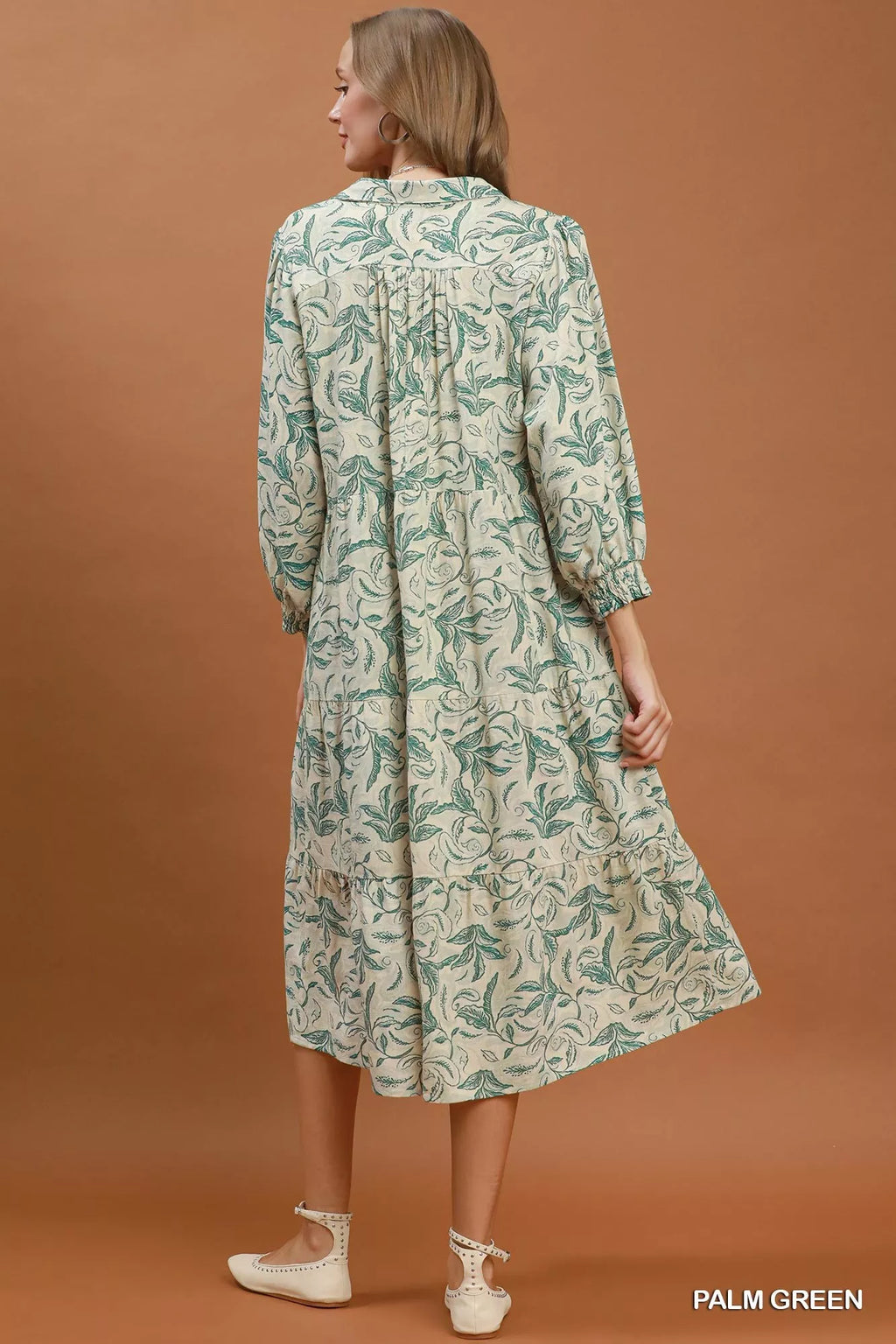 Umgee Linen Botanical Print Tiered Midi Dress, lightweight dress with floral pattern and tiered design, perfect for casual summer wear.