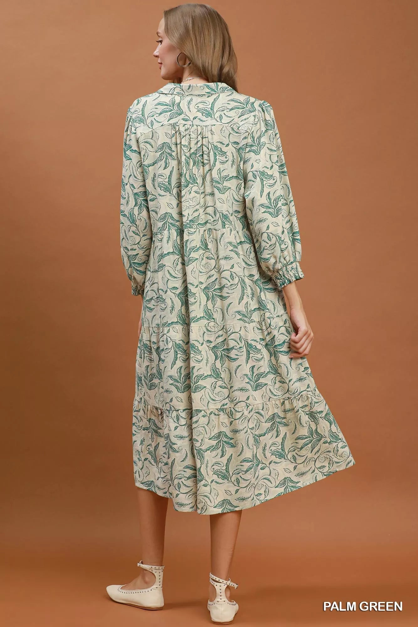 Umgee Linen Botanical Print Tiered Midi Dress, lightweight dress with floral pattern and tiered design, perfect for casual summer wear.