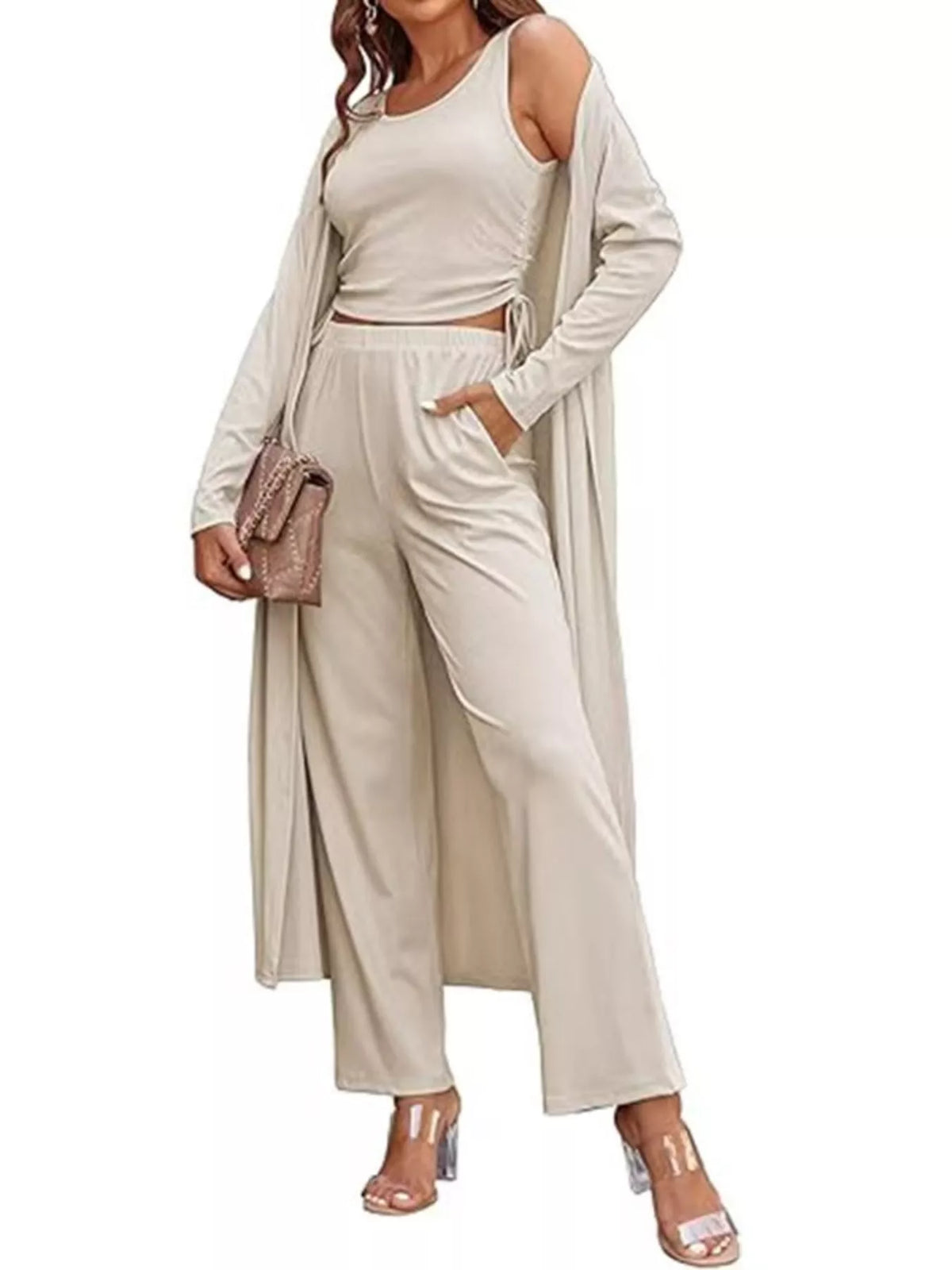 Plush Fashion Hub round neck tank cardigan and matching pants loungewear set, soft and comfortable for relaxing or casual wear.