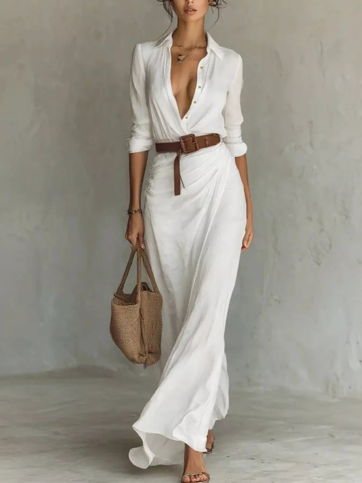 Plus size elegant V-neck ruched maxi dress with belt by Trendsi, showing a flowing fabric and flattering fit on a model.