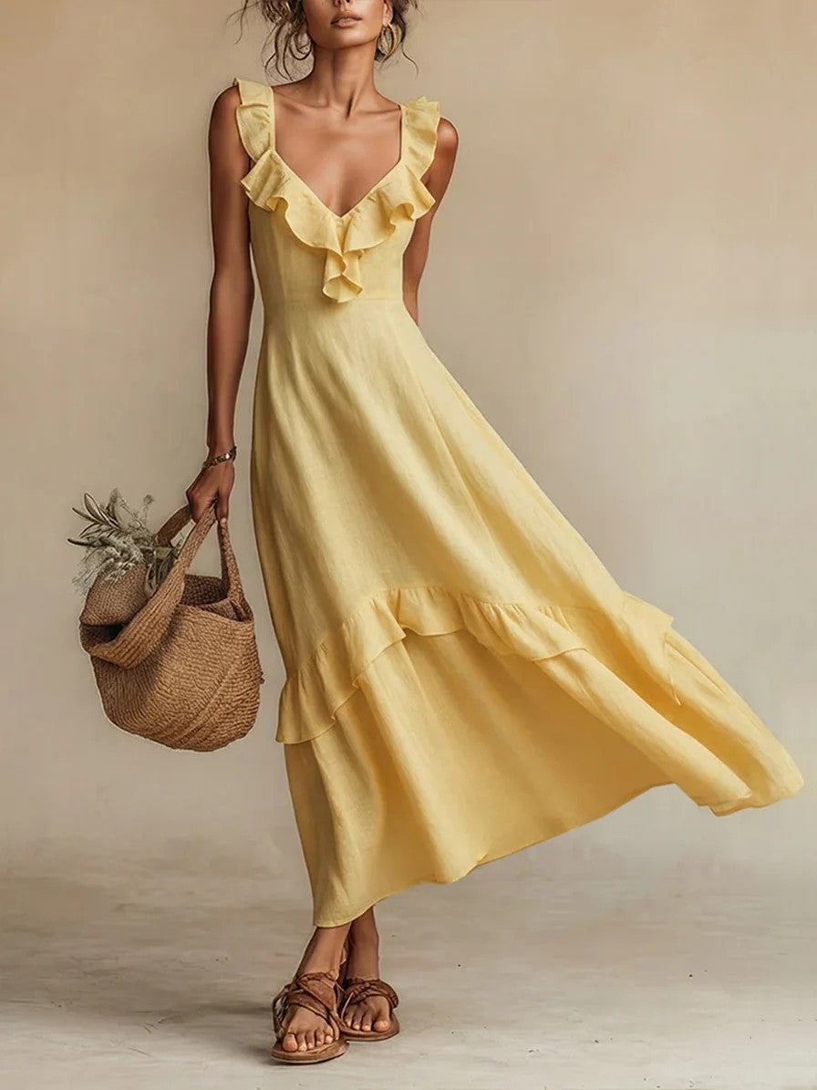 FitiqueFit sleeveless ruffle detail high-waist maxi dress in casualwear, available in 7 colors and sizes S to 3XL.