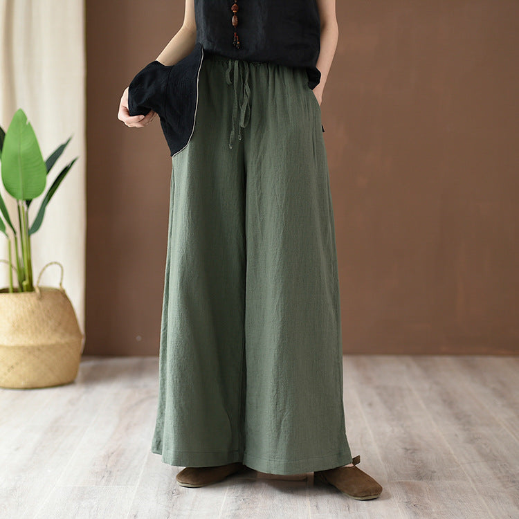 Light blue cotton linen women’s yoga pants with wide leg, artistic stone wash design, casual summer linen pants by Plush Fashion Hub