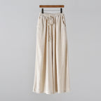 Artistic stone-washed cotton linen wide-leg yoga pants for women by Bella Mia, casual summer linen pants with a relaxed fit.